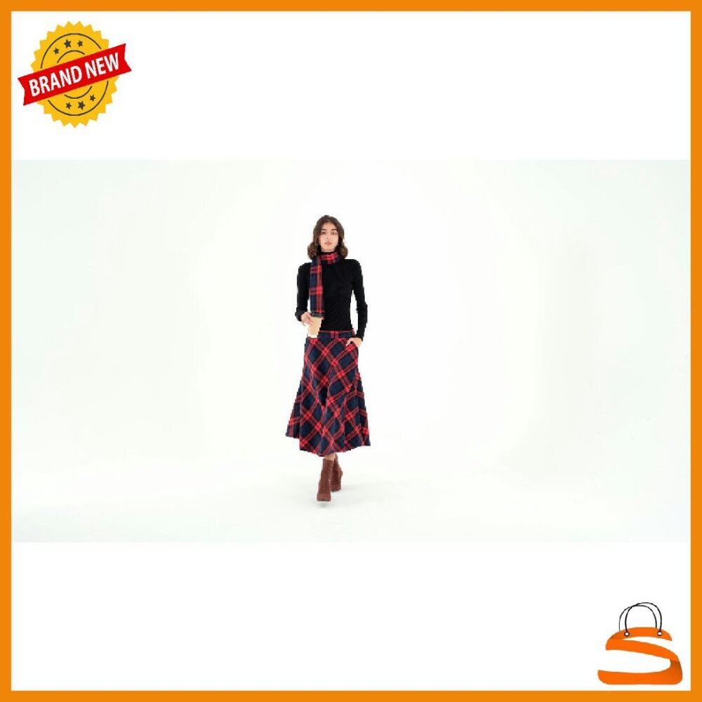 Women's Long Plaid Skirt High Elastic Waist A-Line Flared Maxi Wool Blend - Picture 8 of 8
